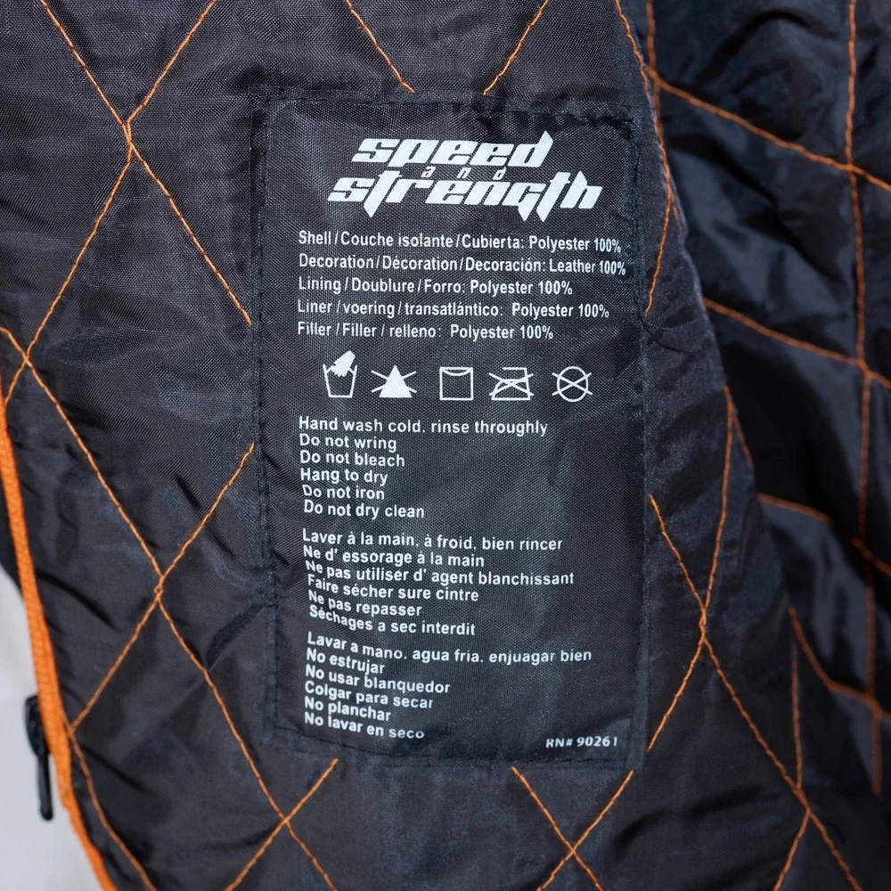 Speed and Strength Motorcycle Jacket Mens Black Orange Leather Trim Large L